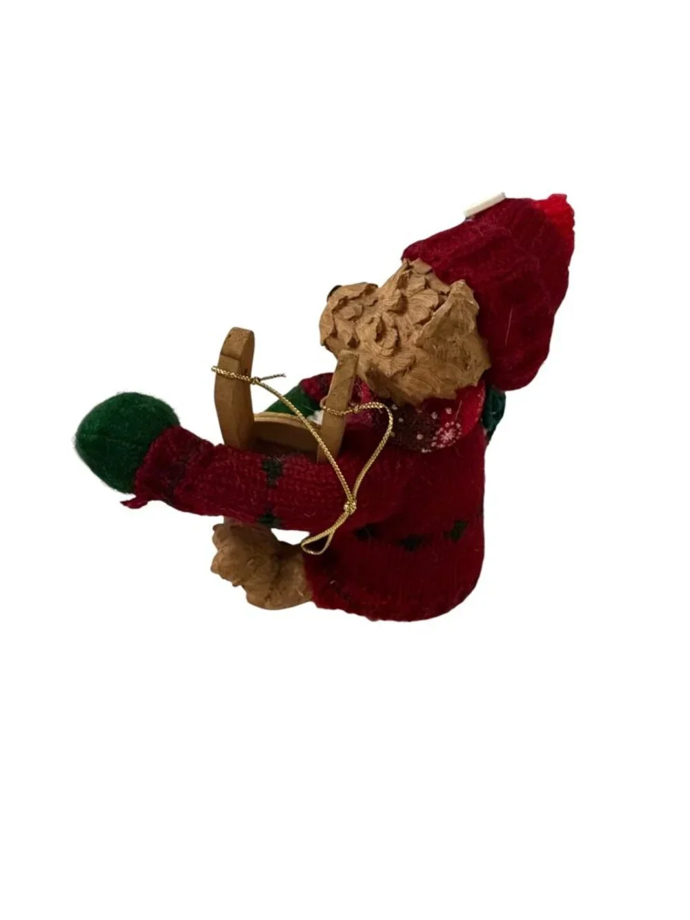 Vintage Christmas Teddy Bear Figure with Wooden Sled Resin Bear in Knit Sweater